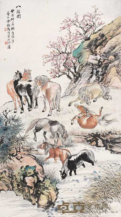 金梦石 八骏图 立轴 144×81cm